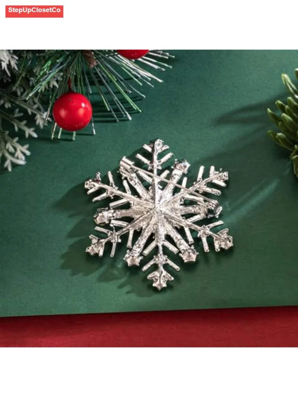 Snowflake Brooch Pin Crystal Rhinestone Silver Tone